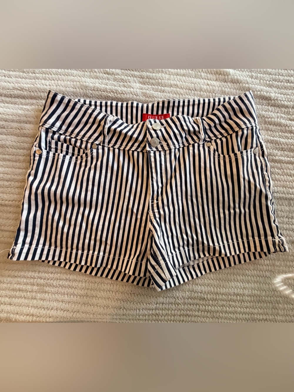 GUESS Black & White Vertical Stripe High-Rise Denim Shorts